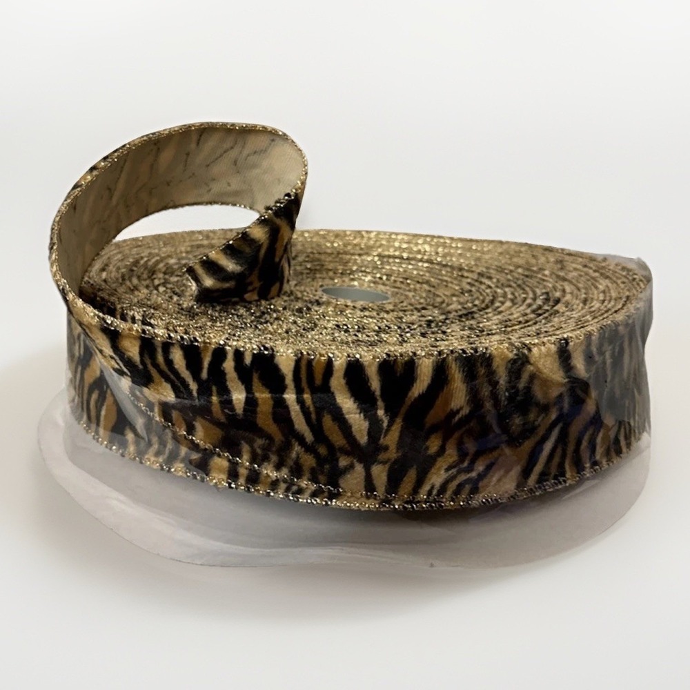Gold Metallic Tiger Print Faux Fur Decorative Ribbon 2 Inch Wide Craft Spool - Picture 4 of 11